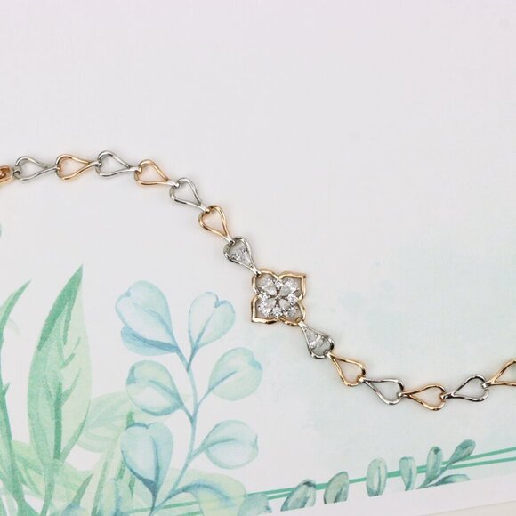 "Elegant Rose Gold & Silver Floral Bracelet with Heart Link Design, XPBL0844 - Picture 4 of 12